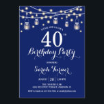 Invitation Fête du 40e anniversaire - bleu marine<br><div class="desc">Invitation à la fête du 40e anniversaire. Style rustique en bleu marine. Il est doté d'une police de script blanc, de jarres de maçon et de lampes à cordes de fées. Peut être customisé à n'importe quel âge! S'il vous plaît, envoyez-moi un message si vous avez besoin d'une personnalisation plus...</div>