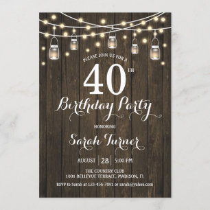 Invitation Fête du 40e anniversaire - Bois rustique