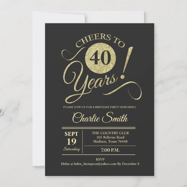 Invitation Fête du 40e anniversaire - Chalkboard Gold (Devant)