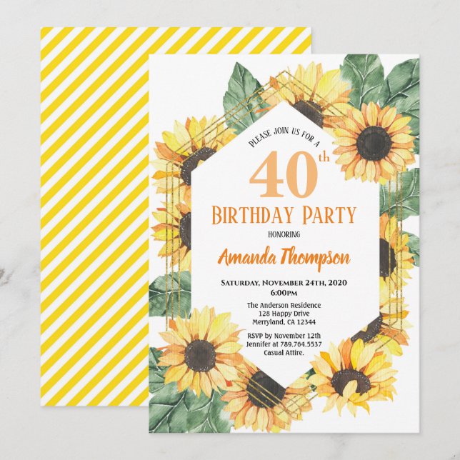 Invitation Fête du 40e anniversaire de tournesol Femmes (Devant / Derrière)