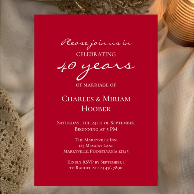 Invitation Fête du 40e anniversaire du Mariage Ruby Elégant P (Easily customize this simple elegant ruby 40th anniversary party invitation template
)