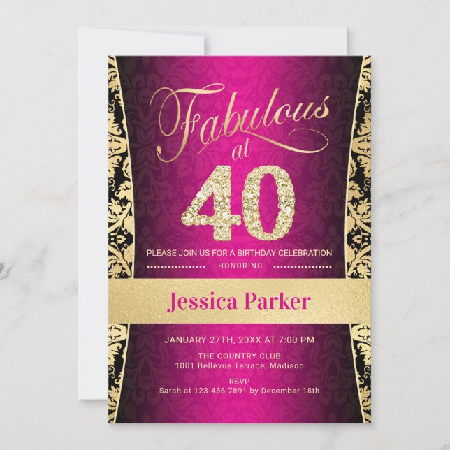 Invitation Fête du 40e anniversaire - Gold Pink Black (Devant)