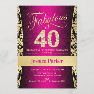 Invitation Fête du 40e anniversaire - Gold Pink Black