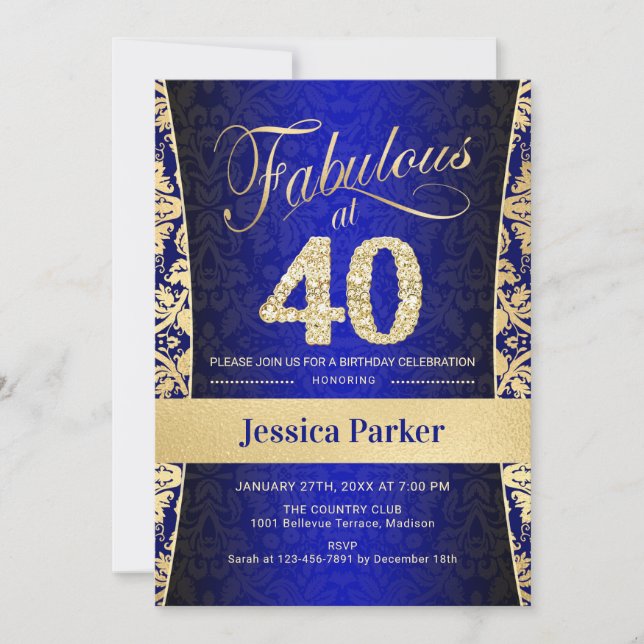 Invitation Fête du 40e anniversaire - Gold Royal Blue (Devant)