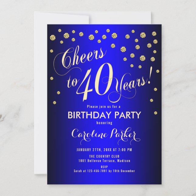 Invitation Fête du 40e anniversaire - Gold Royal Blue (Devant)