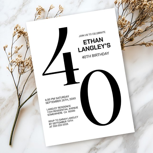 Invitation Fête du 40e anniversaire moderne noir et blanc (Créateur téléchargé)