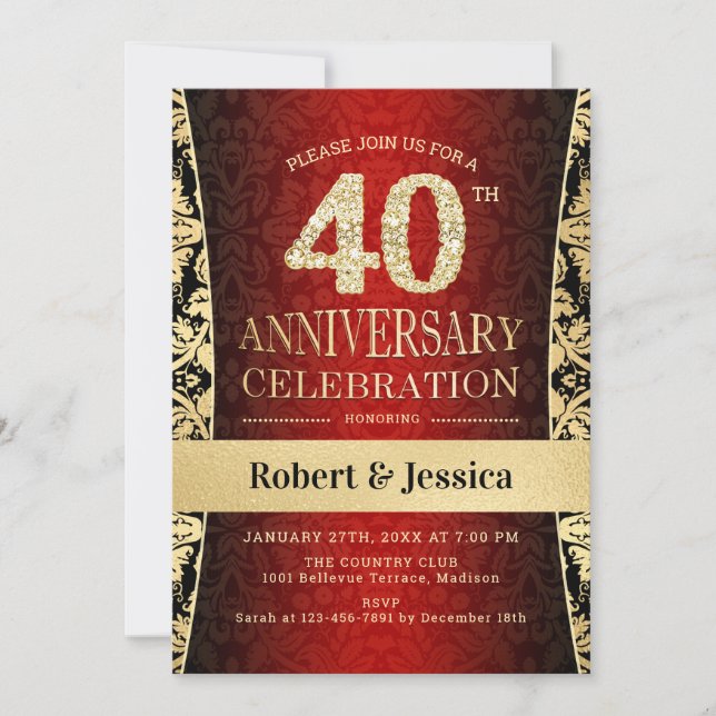 Invitation Fête du 40e Anniversaire - Or Noir Rouge Rubis (Devant)