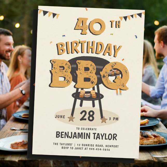 Invitation Fête du 40e anniversaire pour hommes Jardin BBQ Ru (40th birthday party ideas for men backyard bbq summer outside black yellow orange husband boyfriend )