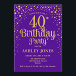 Invitation Fête du 40e anniversaire - Purple & Gold<br><div class="desc">Invitation à la fête du 40e anniversaire. Design élégant en or violet royal et faux parties scintillant. Comprend des polices de caractères et des confettis stylisés. Message-moi si vous avez besoin d'âge personnalisé.</div>
