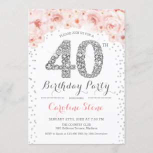 Invitation Fête du 40e anniversaire - Rose d'argent blanc