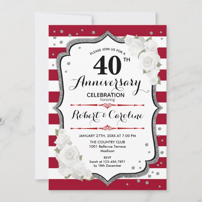 Invitation Fête du 40e Anniversaire - Rubis Rouge Blanc Argen (Devant)