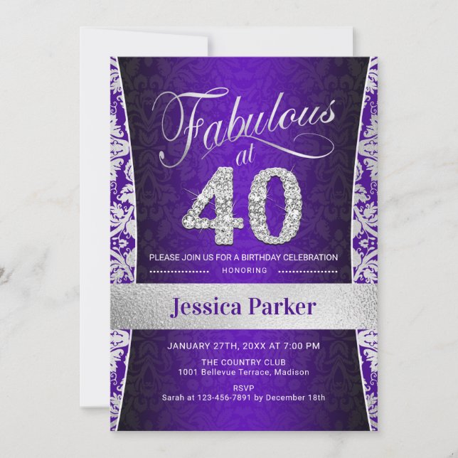 Invitation Fête du 40e anniversaire - Silver Purple (Devant)