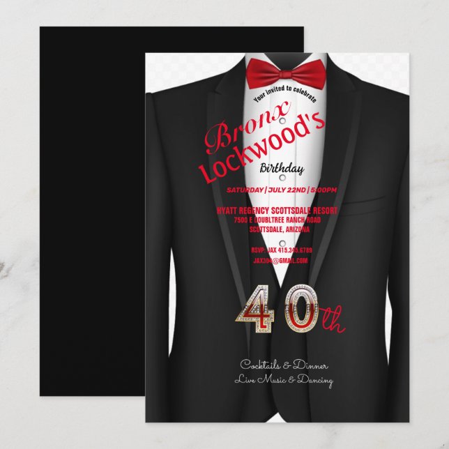 Invitation Fête du 40e anniversaire, tenue Tuxedo, noir et ro (Devant / Derrière)