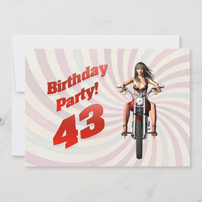 Invitation Fête du 43e anniversaire avec une fille sur une mo (Devant)