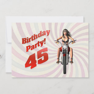 Invitation Fête du 45e anniversaire avec une fille sur une mo