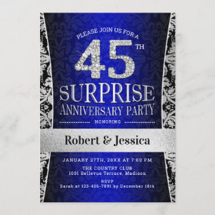 Invitation Fête du 45e anniversaire de Surprise - Argent bleu