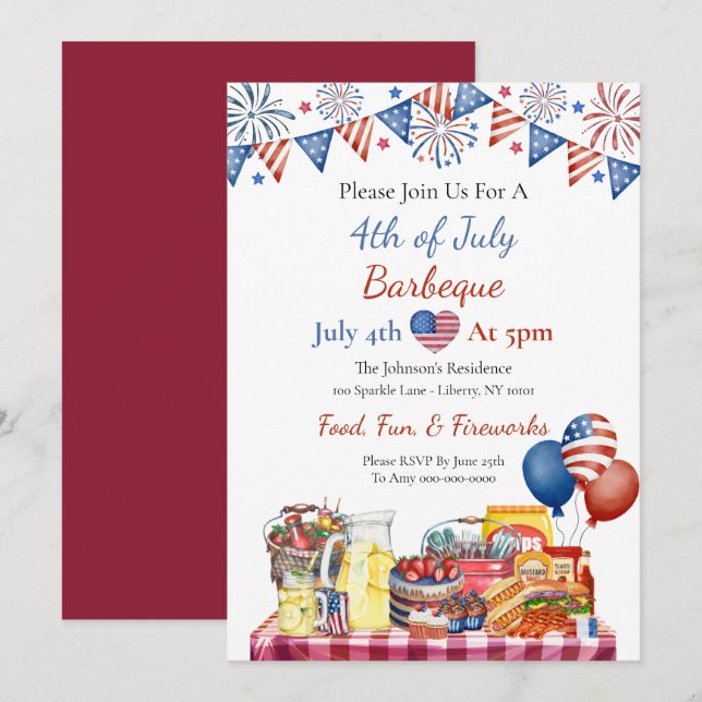 Invitation Fête du 4 juillet à l'aquarelle  (Devant / Derrière)
