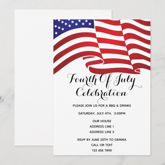 Invitation Fête du 4 juillet avec drapeau américain (Devant / Derrière)