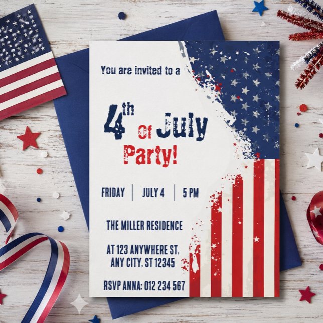 Invitation Fête du 4 juillet Drapeau américain Rouge Blanc Bl (Créateur téléchargé)