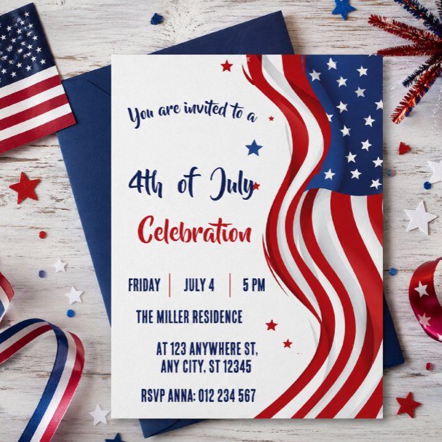 Invitation Fête du 4 juillet Drapeau américain rouge blanc bl (Créateur téléchargé)