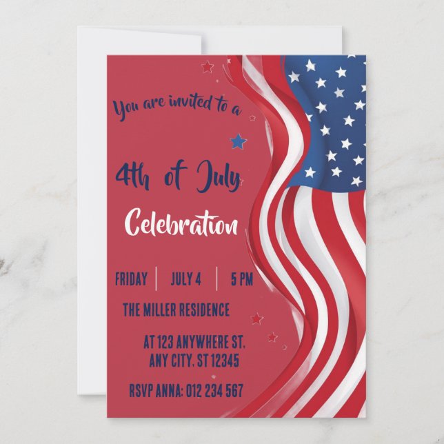 Invitation Fête du 4 juillet Drapeau américain rouge blanc bl (Devant)