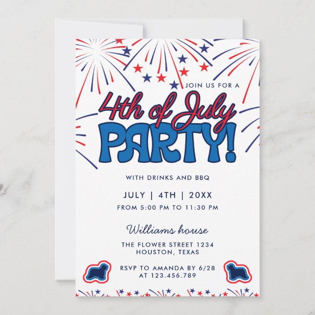 Invitation Fête du 4 juillet Feu d'artifice BBQ avec un Colle (Dos)