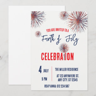 Invitation Fête du 4 juillet Feu d'artifice Rouge Blanc Bleu 