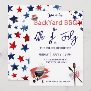 Invitation Fête du 4 juillet Feu d'artifice Rouge Blanc Bleu 