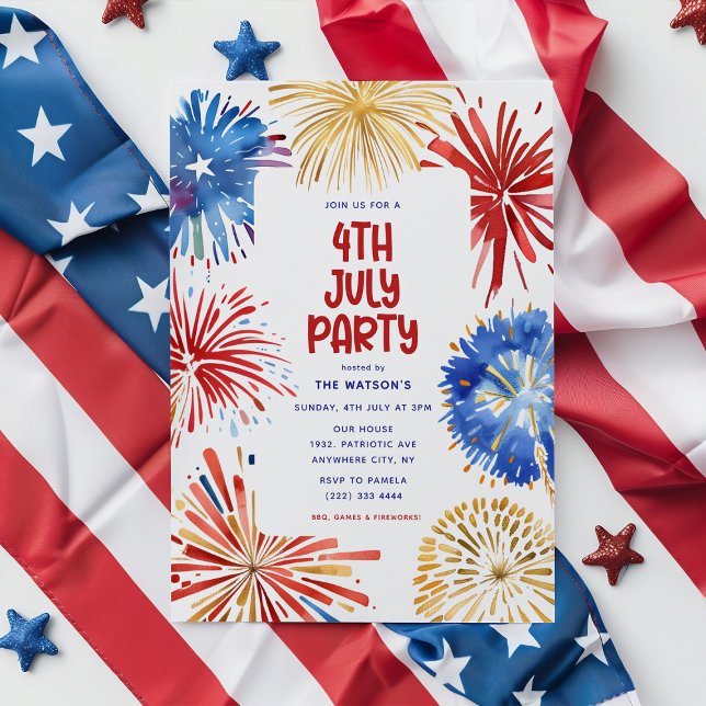 Invitation Fête du 4 juillet, Feux d'artifice à l'aquarelle (Créateur téléchargé)