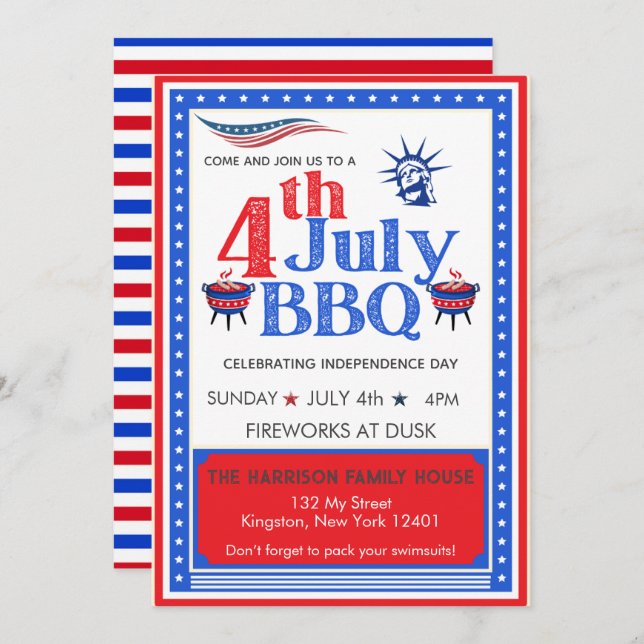 Invitation Fête du 4 juillet Rouge Blanc Bleu Célébration BBQ (Devant / Derrière)