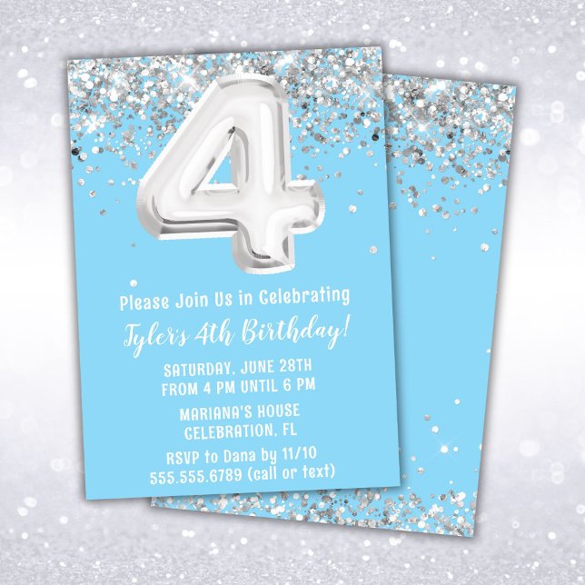Invitation Fête du 4e anniversaire en argent bleu clair (Créateur téléchargé)