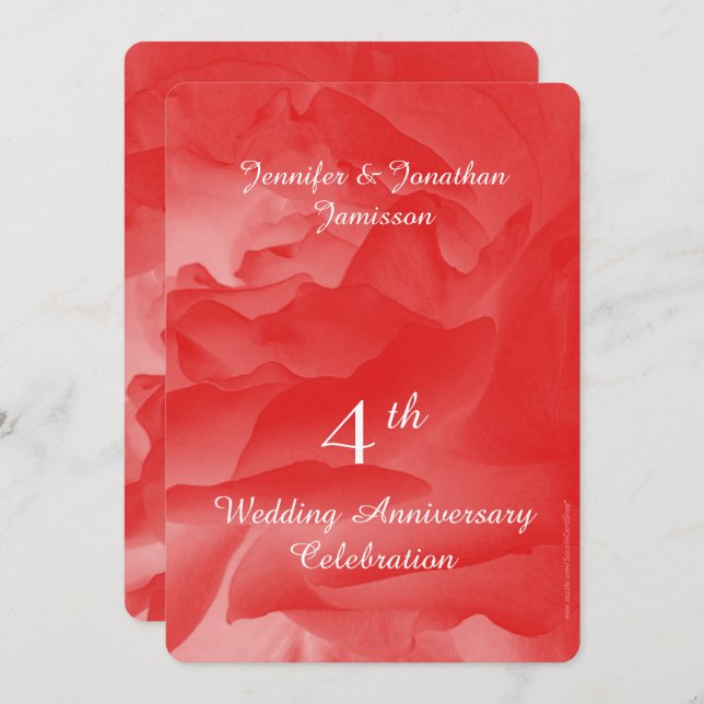 Invitation Fête du 4ème Anniversaire, Pétales de Rose Corail  (Devant / Derrière)