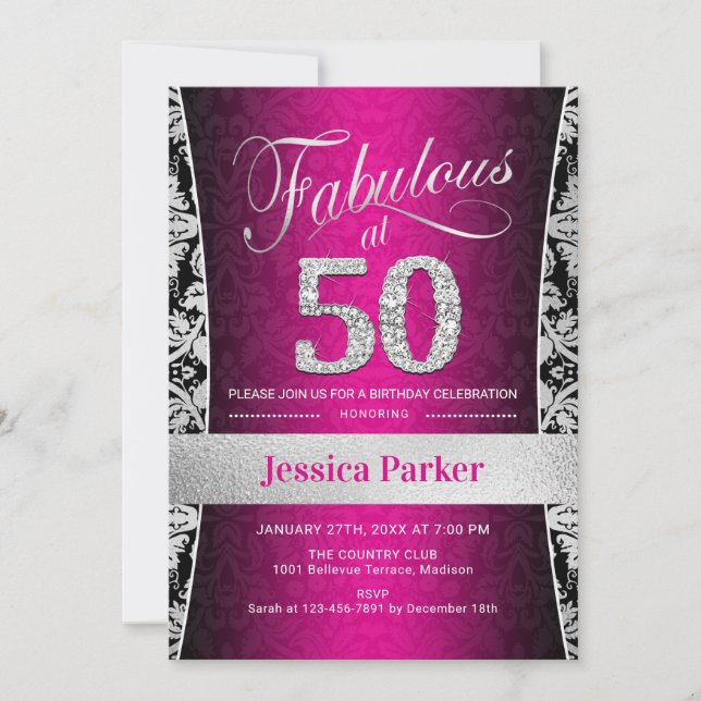 Invitation Fête du 50e anniversaire - Argent rose noir (Devant)