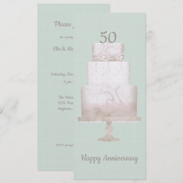 Invitation Fête du 50e anniversaire Custom Cake Green Linen (Devant / Derrière)
