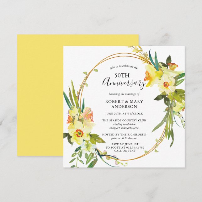 Invitation Fête du 50e anniversaire de mariage aux jonquilles (Devant / Derrière)