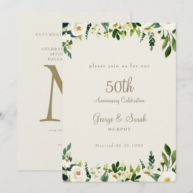 Invitation Fête du 50e anniversaire de mariage Crème Fleur Bl (Devant / Derrière)