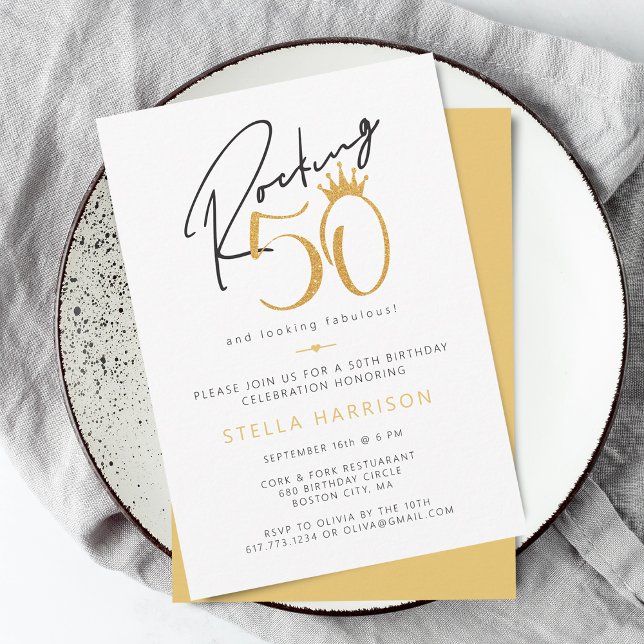Invitation Fête du 50e anniversaire de Modern Gold Rocking (Modern Gold Rocking 50th Birthday Party Invitation)