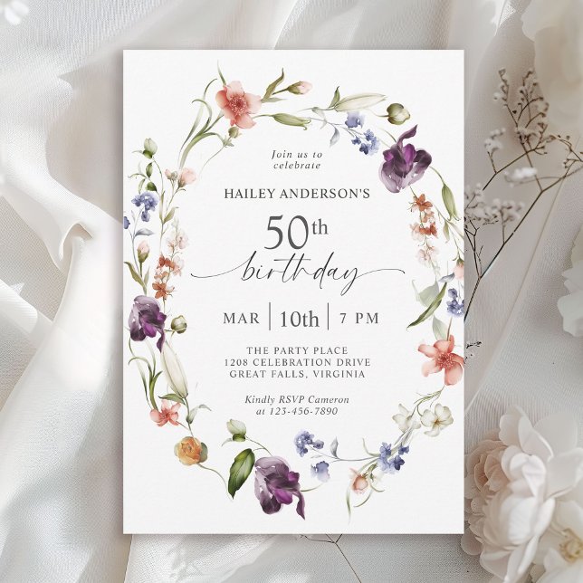 Invitation Fête du 50e anniversaire des femmes fleurs sauvage (Available in both printed and instant download digital formats.)