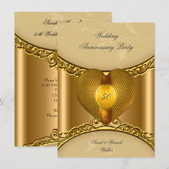Invitation Fête du 50e Anniversaire Élégant Cœur Doré Or (Devant / Derrière)