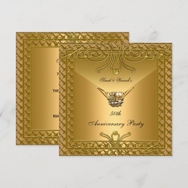 Invitation Fête du 50e anniversaire Elegant Gold Art Déco (Devant / Derrière)