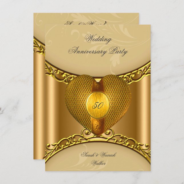 Invitation Fête du 50e Anniversaire Élégant Or Cœur Doré (Devant / Derrière)