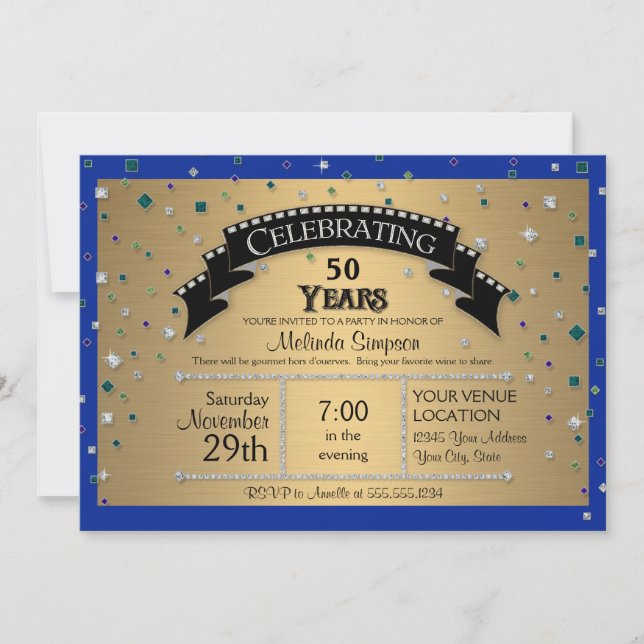 Invitation Fête du 50e anniversaire Faux Jewel Confetti (Devant)