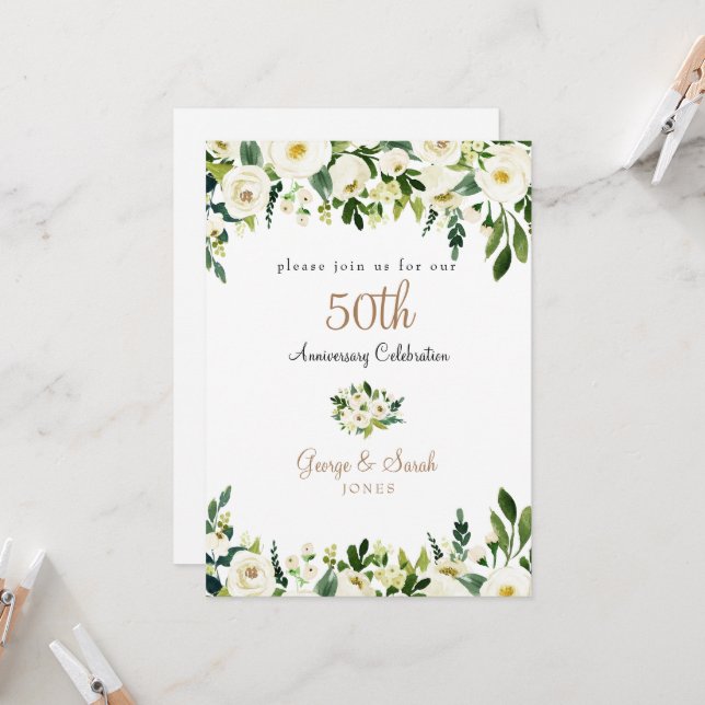 Invitation Fête du 50e Anniversaire Fleurs Blanches  (Devant/Arrière en situation)