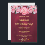 Invitation fête du 50e anniversaire fleurs roses bordeaux<br><div class="desc">Une carte d'invitation tendance et moderne à la fête d'anniversaire. Un arrière - plan bordeaux foncé, avec des lettres de fausse couleur or. Modèles pour vos informations. Couleur bordeaux inégale, comme un mur peint en citron vert. Des fleurs roses comme des pivoines et des roses, et des bleuets. Décor Faux...</div>
