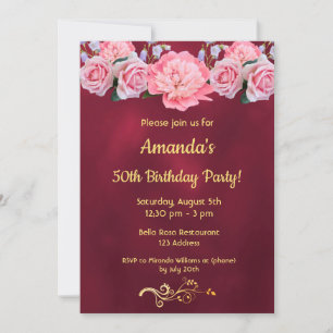 Invitation fête du 50e anniversaire fleurs roses bordeaux
