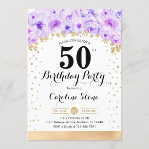 Invitation Fête du 50e anniversaire - Gold Purple Flowers