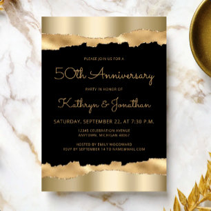 Invitation Fête du 50e Anniversaire Noir Or Déchiré Feuille
