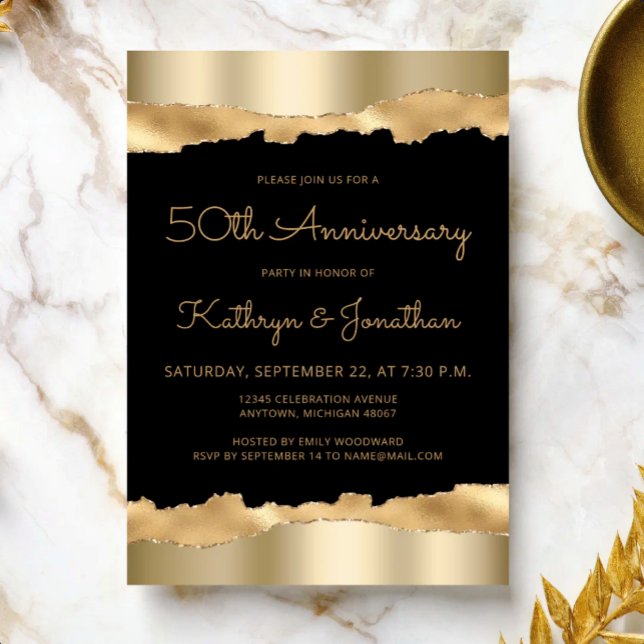 Invitation Fête du 50e Anniversaire Noir Or Déchiré Feuille  (Créateur téléchargé)