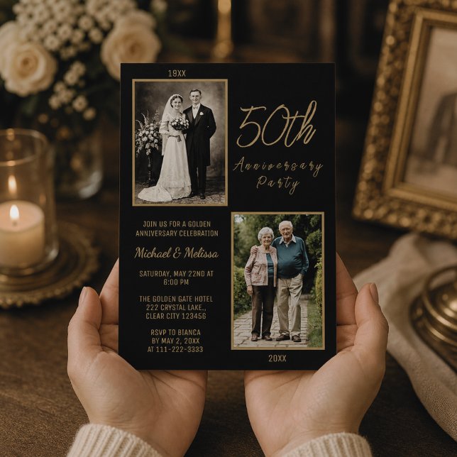 Invitation Fête du 50e Anniversaire Photo Or (A meaningful 50th anniversary photo invitation to celebrate 50 beautiful years.)