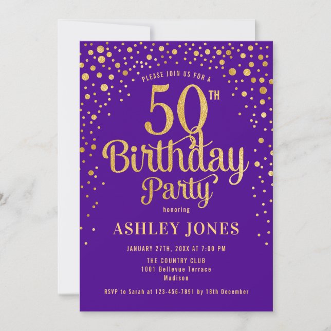 Invitation Fête du 50e anniversaire - Purple & Gold (Devant)